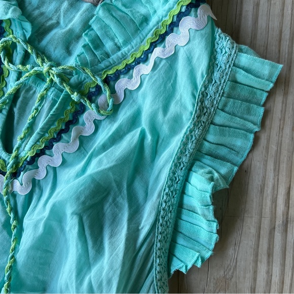 Double D Ranch XL rickrack top turquoise western XL smocked ruffles sleeveless - Picture 5 of 7